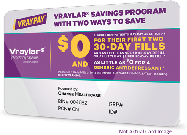 Two Ways to Save VRAYLAR Savings Program Card.